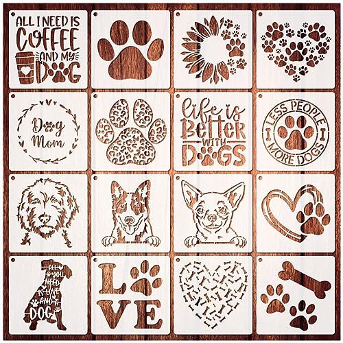 16 Stück Hundeschablonen Hund Pfotenabdruck Schablone Liebe Sonnenblume Herz Hund Schablonen zum Malen auf Holz Wiederverwendbare Malvorlagen für DIY Handwerk Scrapbook Schild Hemd Leinwand (16 Hund)