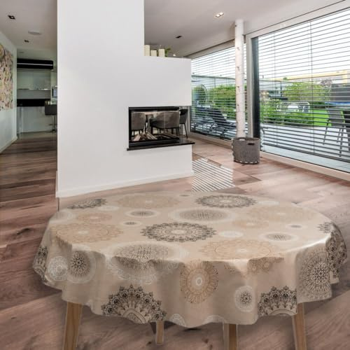 laro Wachstuchtischdecke Rund 140 cm Abwaschbar PVC Tischdecke Mandala Beige