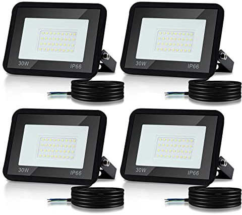 Lospitch 30W LED Strahler Außen, 4 Stücke Superhell 2550LM LED Fluter 3000K Warmweiß Außenstrahler, IP66 Wasserdicht Sicherheitslampe für Baustelle Hof, 120° Abstrahlwinkel (kein Stecker)