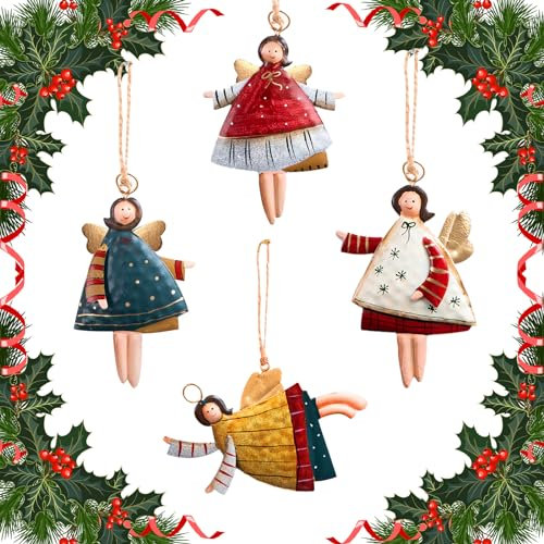 Frasheng 4 Pezzi Natale Angelo Ciondolo Metallo,11.5 * 7 cm, Angelo di Natale, Ciondolo a forma di angelo con spago, Albero di Natale Ornamenti Finestra