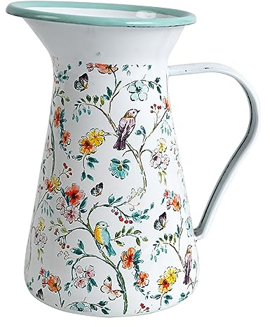 Pot en émail - Petit vase vintage en métal - Pot à lait - Vase pour fleurs et oiseaux - Vase rustique - Petit vase rustique
