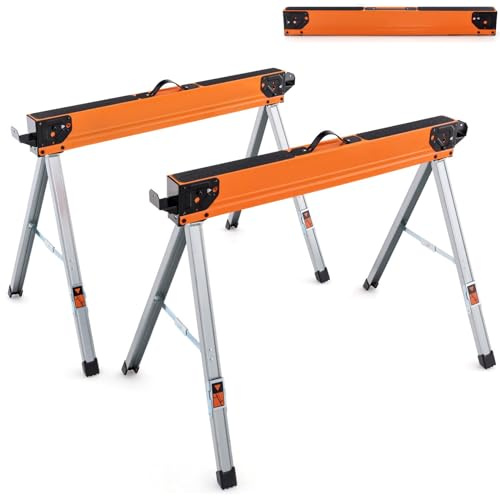 GiantexUK 2PCS Folding Sawhorses, 1000KG Twin Pack Workbench with Support Arms, Flip-Down Pegs, Non-Slip Surface & Footpads, Portable Heavy Duty Metal Work Trestle Stands for Garage Workshop Home DIY