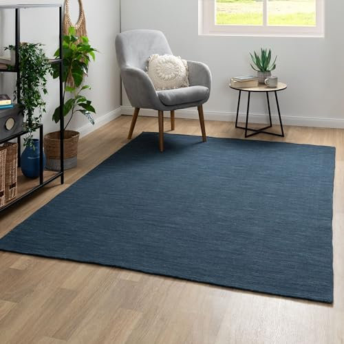 Steffensmeier Handweb Teppich Kelim Delhi | 100% Schurwolle in der Nutzschicht, Blau, handgewebt, Größe: 90x160 cm Wohnzimmer und Schlafzimmer