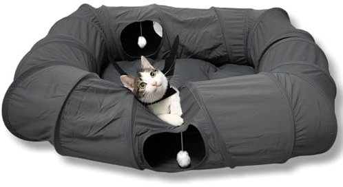 XxingSheep 4 Ways Shuttled XL Cat Tunnel Bed for Indoor Cats Peekaboo Cat Cave Donut with Cool Mat (Dark Gray)