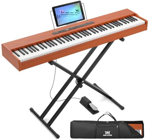 MUSTAR Digital Piano 88 Weighted Keys with Stand Touch Sensitivity, Full Size 88 Key Piano Keyboard Semi Weighted Electric Piano for Beginners, Wireless Connection, Portable Case, Sustain Pedal, Brown