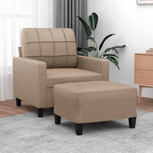 Tidyard Fåtölj med pall öronfåtölj armfåtölj stoppad stol ryggstöd för vardagsrum/sovrum, cappuccino-brun 60 cm konstläder