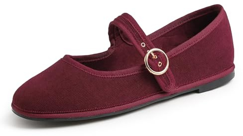 Feversole Women's Mary Jane Fashion，Scarpe Basse Classiche da Donna Décolleté Eleganti Mary Jane con Fibbia Morbida Scarpe da Ballo per Balletto per Donna Mary Jane in Velluto a Coste Borgogna 40