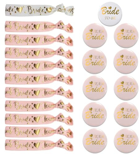HEOUCH 22 Stück Team Bride JGA Set Armbänder und Ansteckbuttons | Bride To Be Armband & Button Set in Rosa-Weiß, Accessoires für Braut und Brautjungfern zur Junggesellinnenabschied