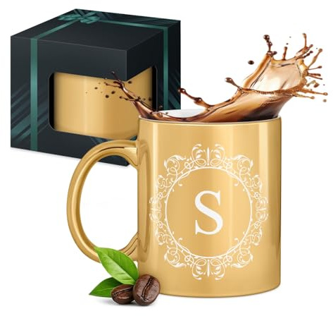 Maverton Tazza da caffè latte o tè in ceramica, Tazze con manico | Per macchiatone da 330 ml per Lui, Incisione personalizzata, Bicchiere per bevande per compleanno uomo, Oro, iniziale