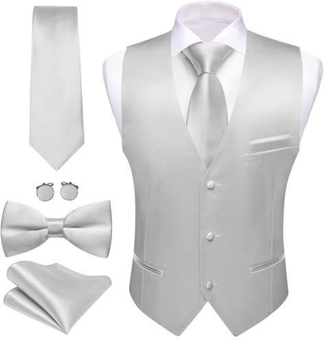 Barry.Wang Herren-Weste, formeller Business-Anzug, V-Ausschnitt, schmale Passform, lässig, einfarbig, mit Fliege, Set für Hochzeit, silber, Medium