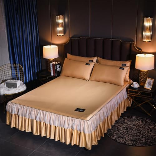 Morbuy Silk Bed Skirt for Single Double King Super King, Bed Wrap with Drop Frill Skirt and 2 Pillowcases, Soft Microfibre Fitted Valance Sheets for Home Decor (150cmx200cm,Camel)