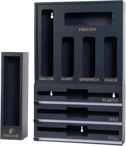 HUNZA NEST Set de organisateur pour cuisine en bambou 9 en 1 Distributeur Film Alimentaire Aluminium ,Organiseur de sac de rangement et boîte de rangement de tiroir en 100% Bambou (Gris foncé)