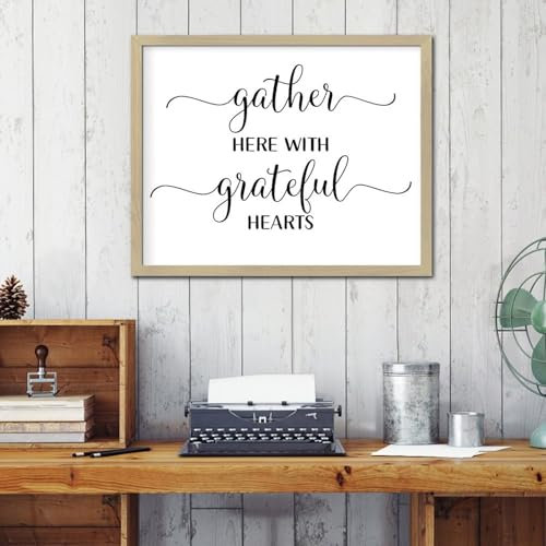 Rustikales Holzschild mit Aufschrift Gather Here with Grateful Hearts, rustikales Wandtischschild, religiöse Zitate, Holzrahmen, Heimdekoration, für Regal, Fenster, 40,6 x 50,8 cm