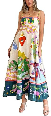 RUIWANBBY Women's Sexy Graffiti Printed Maxi Cami Dress Boho Sleeveless Spaghetti Strap Flowy Dress Y2k Floral Maxi Sun Dress (Heart, M)