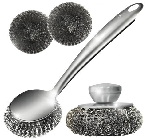 2Pcs Steel Wool Scrubber with Handle & Replacements – Stainless Wire Sponge for Cleaning Cookware, Pans, and Non-Coated Kitchenware