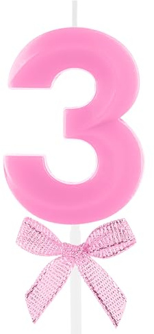 Vela de 3er cumpleaños con bonito lazo rosa número 3 velas con diseño 3D para decoración de tartas, vela de feliz cumpleaños para niños, niñas, aniversario, celebraciones, suministros de fiesta