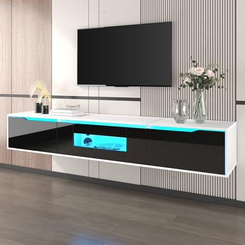 Jaxenor Lowboard Hängend 180cm mit 16-Farbwechselnder LED-Beleuchtung, Modern Lowboard Wohnzimmer, Hochglanz TV Board Hängend mit DREI Türen, Fernsehschrank, Schwarz-Weiß