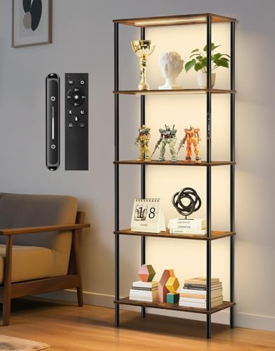 OUTONLIFE Libreria a 5 Ripiani con Luce LED, Scaffale in Legno 60 x 30 x 170 cm, Dimmerabile con Touch e Telecomando, Libreria Verticale Salvaspazio per Soggiorno, Camera da Letto, Ufficio
