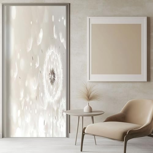 3D Türaufkleber Löwenzahn fliegt weiß 100x200 cm Weiß Grau Türtapete Wandbild Selbstklebend PVC Wasserdicht Abnehmbar Türfolie TürPoster Fototapete für Wohnzimmer Schlafzimmer