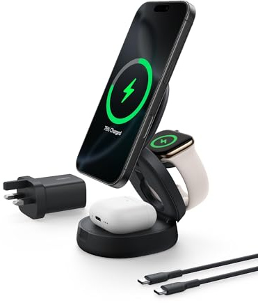 Belkin MagSafe-Compatible Charger, 3-in-1 Convertible Wireless Charging Station, Qi2-Certified 15W Wireless Charger for iPhone 17, Air, Apple Watch, AirPods, Pixelsnap, 36W Plug Included - Black