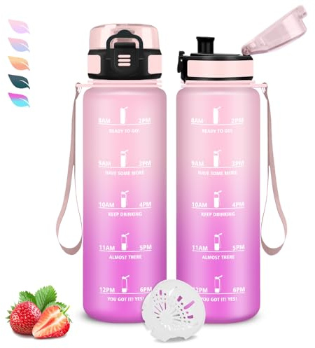 Botella Agua 1 Litro, Botella Agua Gimnasio con Marca de Tiempo,a Prueba de Fugas, Fácil de Transportar, Cantimplora con Marca de Tiempo, Cantimplora Infantil para Adulto, Deportes, Gym, Camping