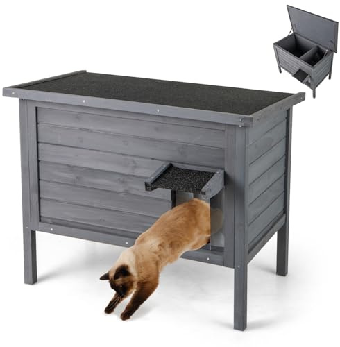 Maxmass Wooden Cat House, Outdoor Insulated Pet Shelter with Openable Asphalt Roof, Double Room & All-Round Styfoam, Elevated Cats Enclosure for Outside (Gray + Black, 88 x 55 x 71 cm)