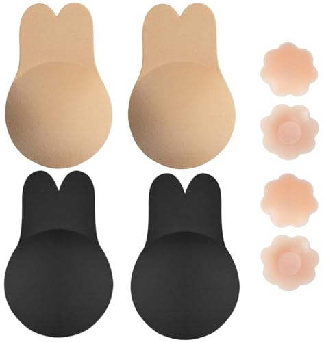 Stick On Strapless Rabbit Bra Sticky Invisible Lifting Bras Cups Backless Nipple Cover Reusable Adhesive Silicone Invisible Push-Up Bra Set for Women's (UK, Alpha, L, Regular, Regular, Beige)