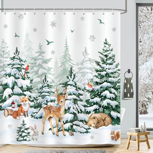 COZZSNUGE Tenda Doccia Foresta Invernale, Tenda da Bagno Natale Pino Innevato Cervo Volpe Orso Cardinale 180 x 180 cm Poliestere Impermeabile Antimuffa 12 Ganci