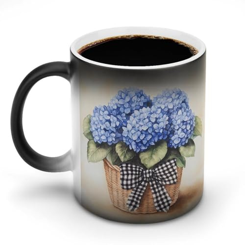 KWQDOZF Blue Hydrangeas in A Wicker Basket Color Changing Mugs Heat Changing Ceramic Coffee Mug Novelty Tea Cup Funny Water Cup for Home Office 11OZ