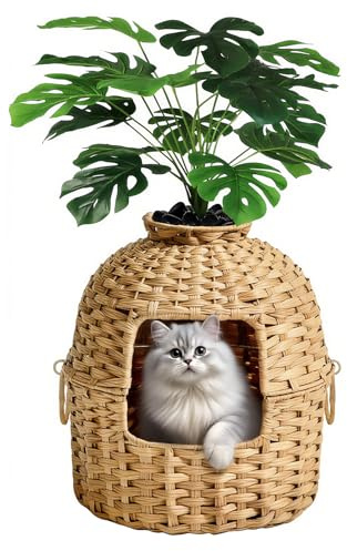 LEEJARD Katzenklo XXL – Versteckte Katzentoilette aus handgeflochtenem PE-Rattan mit Pflanze, geräumig & stilvoll, ideal für große Katzen, wohnzimmertauglich – Natur