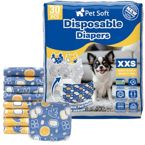 Pet Soft Pañales Perro Hembra, 30 Unidades de Pañales Desechables para Perros Hembra, Talla XXS, Superabsorbentes, con indicador de Humedad