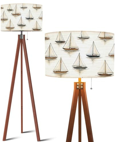 Wood Tripod Floor Lamp Beautiful Tropical Seamless Sailboat Silhouettes White Summer Beach Mid Century Standing Lamp Linen Shade Dimmable Modern Tall lamp Home Decor for Living Room Bedroom Office