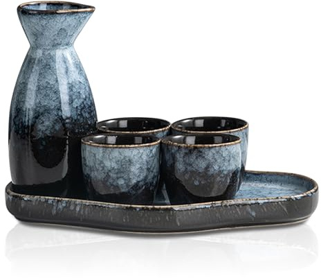 Set di sake giapponesi in ceramica, 6 pezzi. Set tradizionale giapponese sake con 4 bicchieri da sake da 35 ml, 1 pentola per sake da 175 ml, 1 vassoio, smalto invecchiato al forno, in porcellana, per