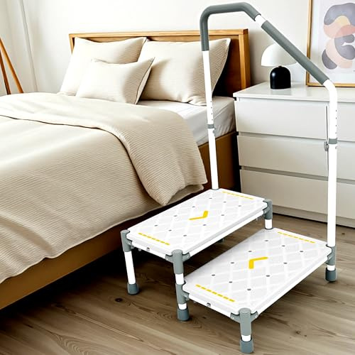 55cm Marchepied, Accoudoirs Réglables en Hauteur, Charge Max 225 kg | Bandes Luminescentes et Antidérapant, Pour Lits Surélevés,Camping-Cars, Cuisine, Salle de Bain et Seniors