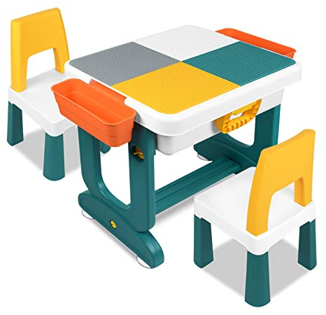 HENGMEI Kindertisch mit 2 Stühle mit 400 Stück Bausteine Kindersitzgruppe Mehrzweck Tabelle zum Kleinkind Spieltisch Kindermöbel für Jungen und Mädchen