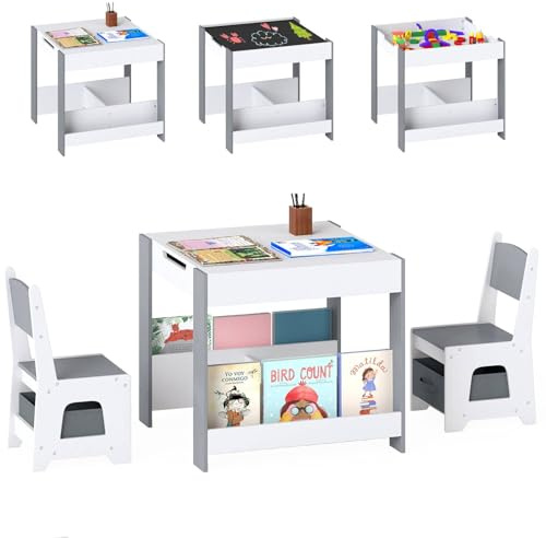 GYMAX Kids Table and Chairs Set, 4 in 1 Children Activity Desk with 2 Chairs, Reversible Tabletop, Bookshelves and Storage Bins, Wooden Toddler Table Set for Boys Girls (White+Grey, 61x61x56cm)