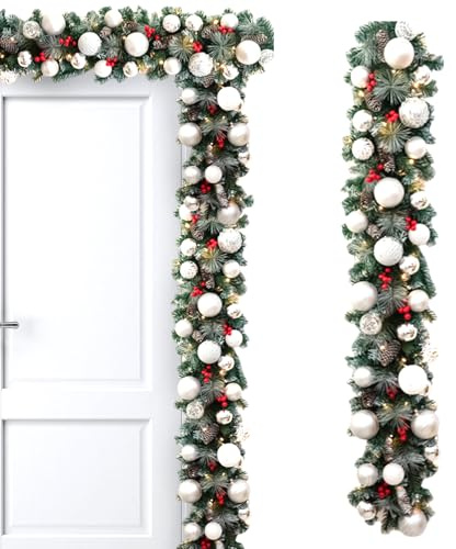 Weihnachtsgirlande mit Lichtern, künstliche Kugeln, realistische künstliche Dekoration mit LED-Licht, Weihnachtsdekoration für den Innenbereich, für Innenräume, Fenster, Hof, Garten, Party