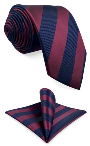 S&W SHLAX&WING Herren Krawatte Seidiger Griff Krawatte Einstecktuch Set Rot Marineblau Bordeaux Rot Gestreift für Hochzeit Party Ball