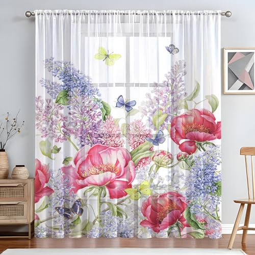 ENEN 2er Set Scheibengardinen, 3D-Schmetterling-Druck Halbtransparent Bistrogardine, Schlaufengardinen Gardinen Türgardine für Küche Wohnzimmer Landhaus (Schmetterlingsblume 7,132x241cm)