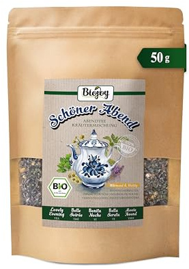Biojoy Ekologiskt löst örtte Schöner Abend, kvällste, 50 g | Teblandning med kamomillblommor, citronmeliss, björnbärsblad och andra örter