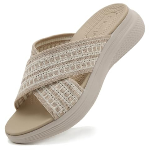 ZDQ Sandals for Women with Arch Support Lightweight Breathable Summer Slides Casual Cushion Walking Sandals for Daily Wear Beige 5.5