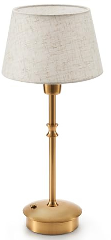 Small Cordless Table Lamp 5200mAh Rechargeable Battery Operated, Brass Base | 3-Way Touch Dimmer, LED Portable Desk Lamp, Night Light for Bedroom Living Room Restaurant Kitchen Outdoor, Fabric Shade