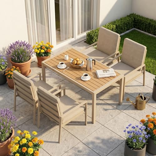 LANOX Gartenmöbel Set mit Tisch & 4 Stühlen – 5-teiliges Garten Essgruppe aus Metall & Aluminium, 140×80 cm Gartentisch, wetterfest, mit Kissen & Polywood Tischplatte, Beige