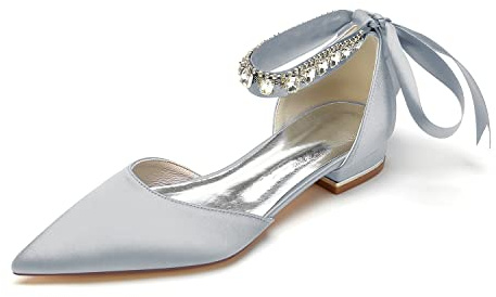 Yhsdfcn Satin Ballerinaskor med Rhinestones för Damer Spetsig Tå Ankelrem Bandrosett Bröllopsskor Brud Festmode,Silver,EU39