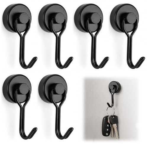 Sylalxeba Set med 6 magnetiska krokar, 360 grader, extra starka roterande krokar, svarta neodymmagneter, metallkrokar för kök, kylskåp, skåp