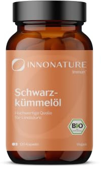 InnoNature Bio Schwarzkümmelöl Kapseln | 1.000 mg pro Tagesdosis, 120 vegane Kapseln im Glas | kaltgepresst, reich an natürlicher Linolsäure | Bio aus Deutschland