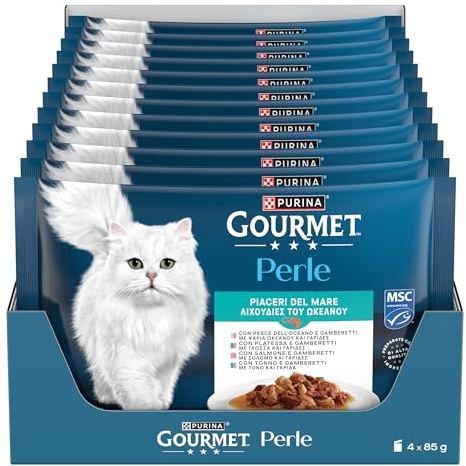 Purina Gourmet Perle Piaceri del Mare Umido Gatti con Salmone, Platessa, Tonno e Pesce dell'Oceano, 48 buste da 85g