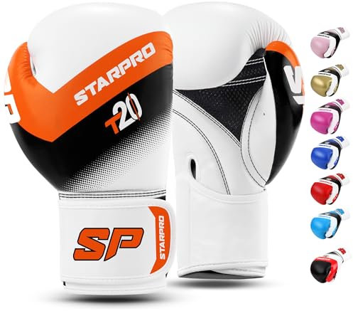 Starpro T20 Gants de Boxe en Cuir Synthétique. Gants de Formation Professionnelle en Muay Thaï, Kickboxing, Fitness et Boxercise, pour Hommes & Femmes. 8 Oz 10 Oz 12 Oz 14 Oz 16 Oz