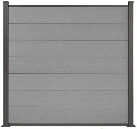 WPC-Zaun I Sichtschutz-Zaun, Steckzaun, Gartenzaun Komplettset I beidseitig glatt I Alu Pfosten Stein Grau (Pfosten zum Aufschrauben, 1Element Ohne Pfosten)