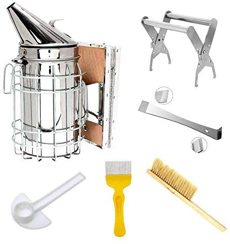 UOBEKETO Beekeeping Supplies Honey Tools Starter Kit 6 Pcs for Beekeeper Set of Bee Smoker Bee Brush Beekeeping Frame Grip Extracting Scraper Uncapping Fork Tool Bee Feeder Tool Bee Supplies